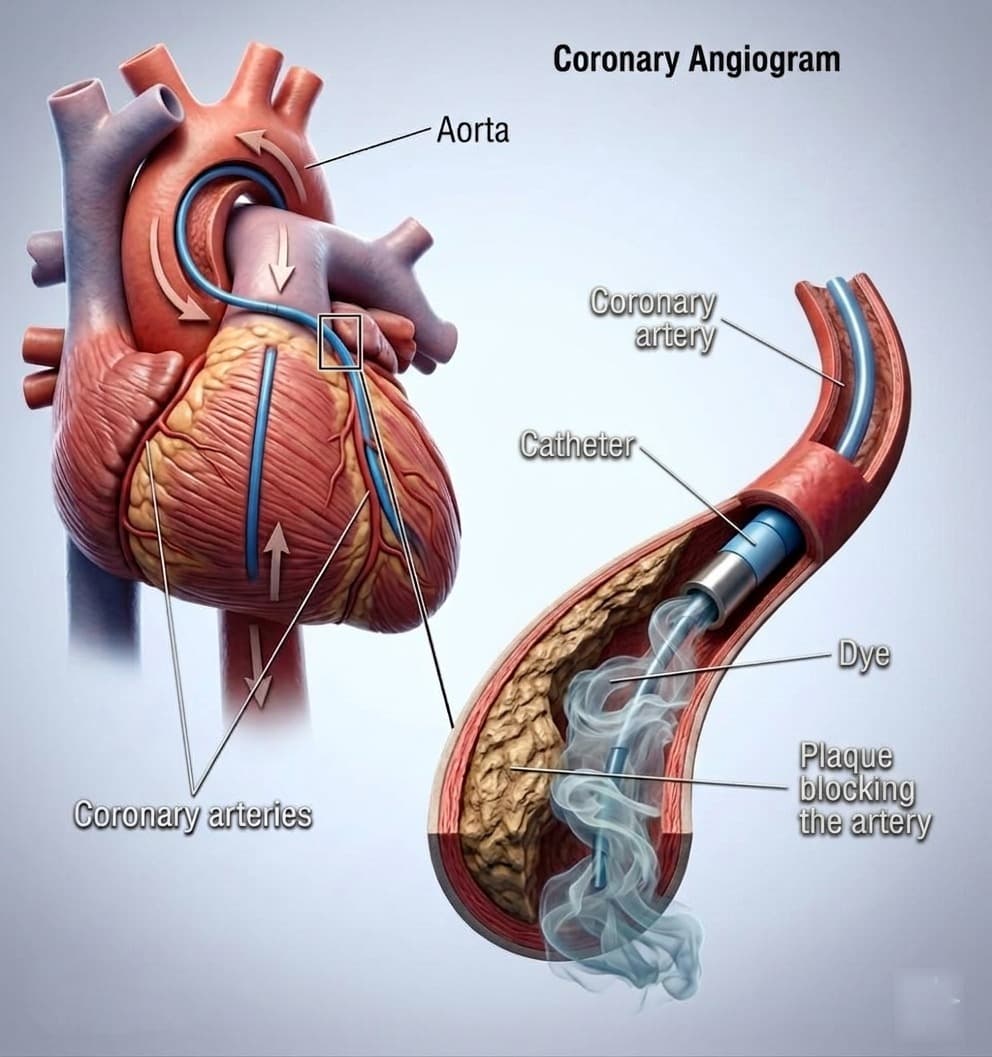 Coronary angiogram illustration — catheter and contrast dye revealing artery narrowing