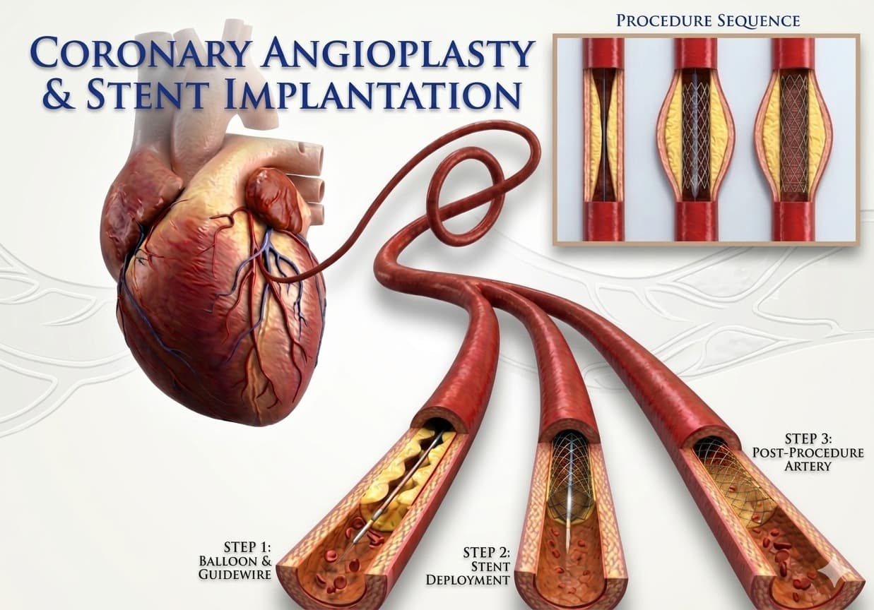 Coronary angioplasty and stent implantation — balloon, stent deployment and post-procedure artery