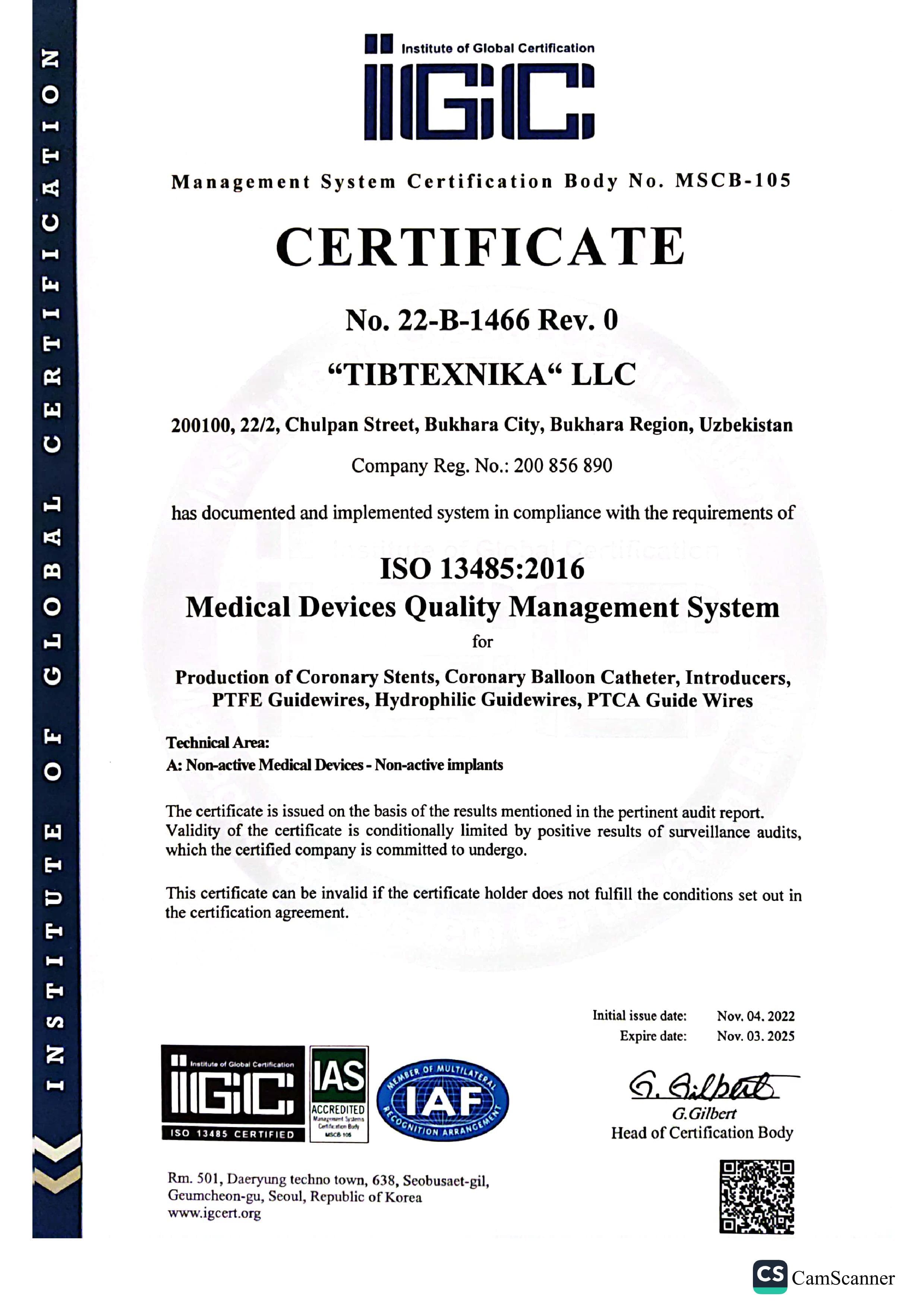 ISO 13485:2016 certificate